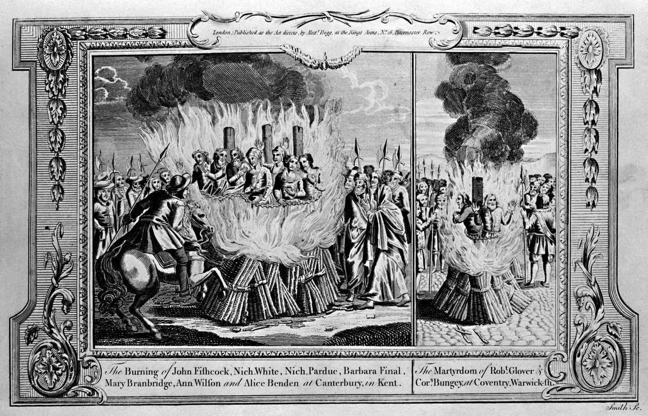 The Burning of John Fishcock and the martyrium of Robert Glover, fra 