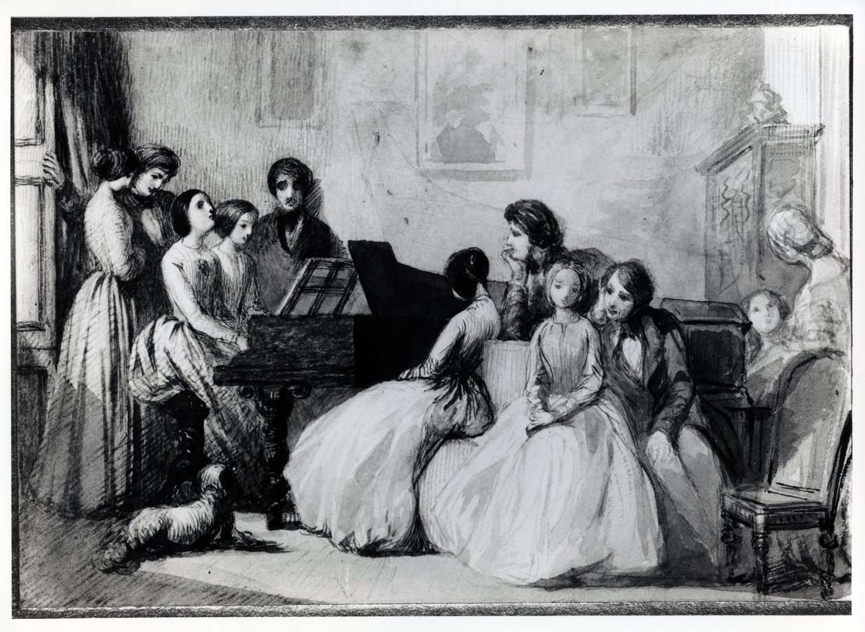The Drawing Room Concert (pen, blæk og vask på papir) af English School