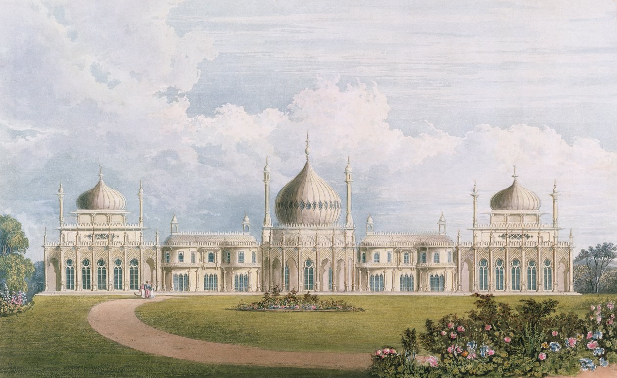 The East Front, from Views of the Royal Pavilion, Brighton af John Nash (1752-1835) 1826 (akvatinte) af English School