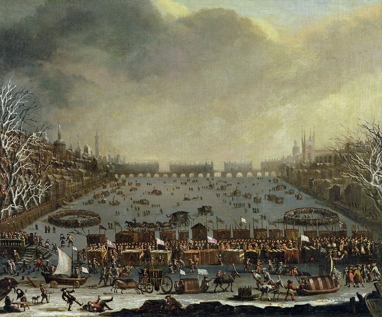 Frostmessen i vinteren 1683-4 på Themsen med Old London Bridge i det fjerne. ca. 1685 af English School