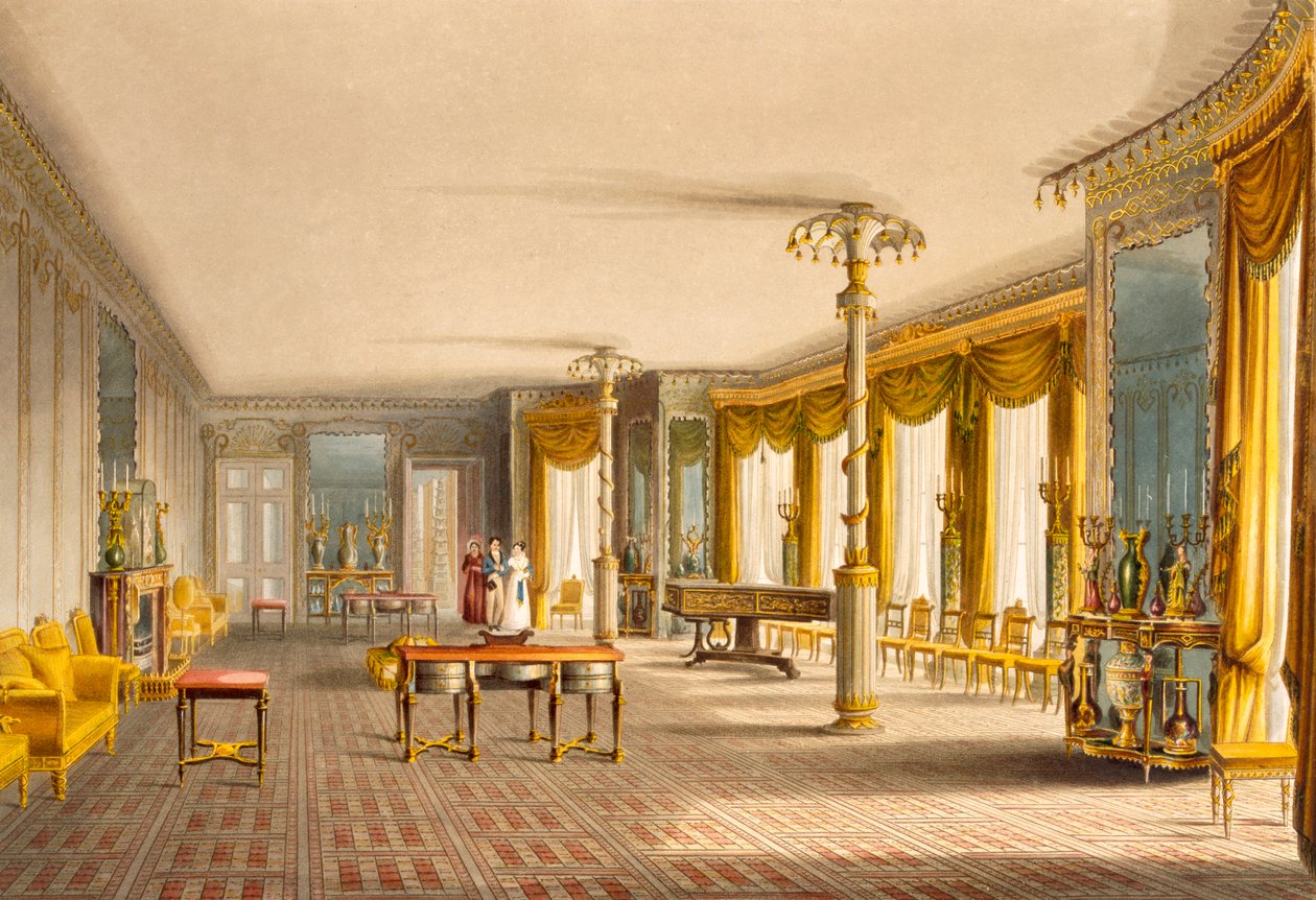 The North Drawing Room eller Music Room Gallery fra udsigt over The Royal Pavilion, Brighton af John Nash (1752-1835) 1826 (akvatint) af English School