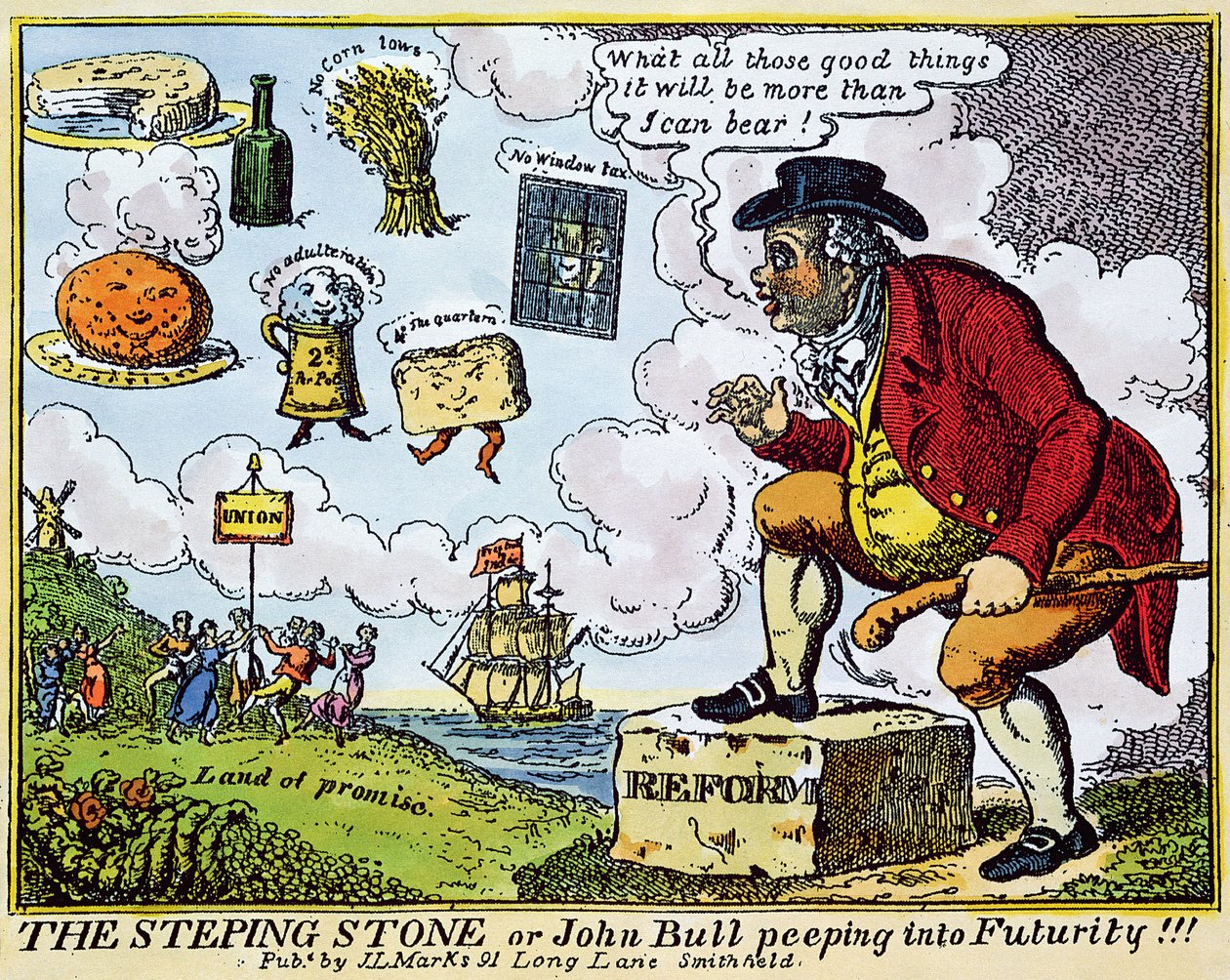 Stepping Stone, eller John Bull kigger ind i fremtiden!!! (farveætsning) af English School