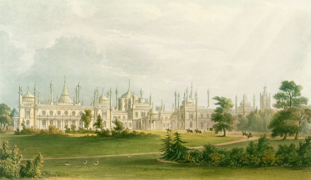 Vestfronten, fra Views of the Royal Pavilion, Brighton af John Nash (1752-1835), 1826 (akvatint) af English School
