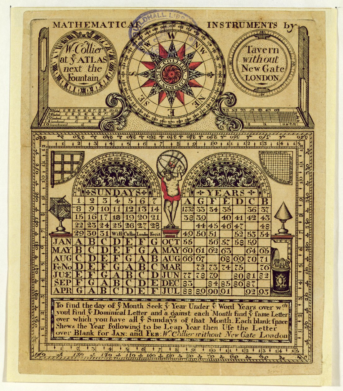Handelskort fra W. Collier, fremstiller af matematiske instrumenter, 1731 af English School