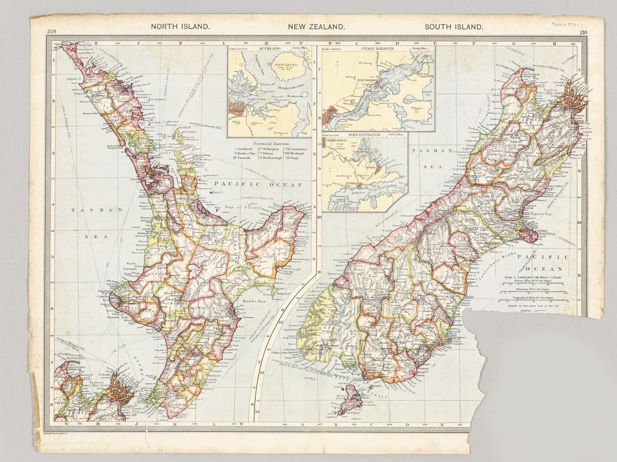To kort over Taranaki, New Zealand, der viser Middlesex Regiment-operationer under Maori-krigen, 1860-72 af English School