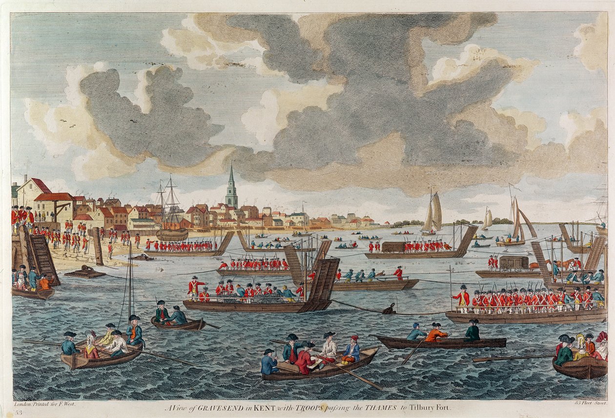 Udsigt over Gravesend med tropper, der krydser Themsen til Tilbury Fort af English School