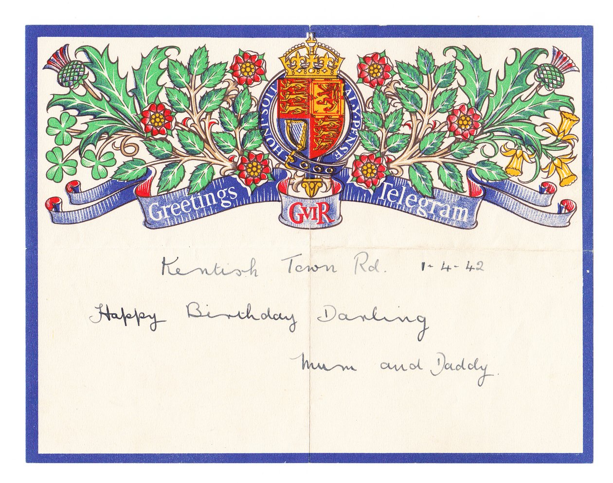 Et telegram til fødselsdagshilsen, ca. 1942 (farve litho) af English School