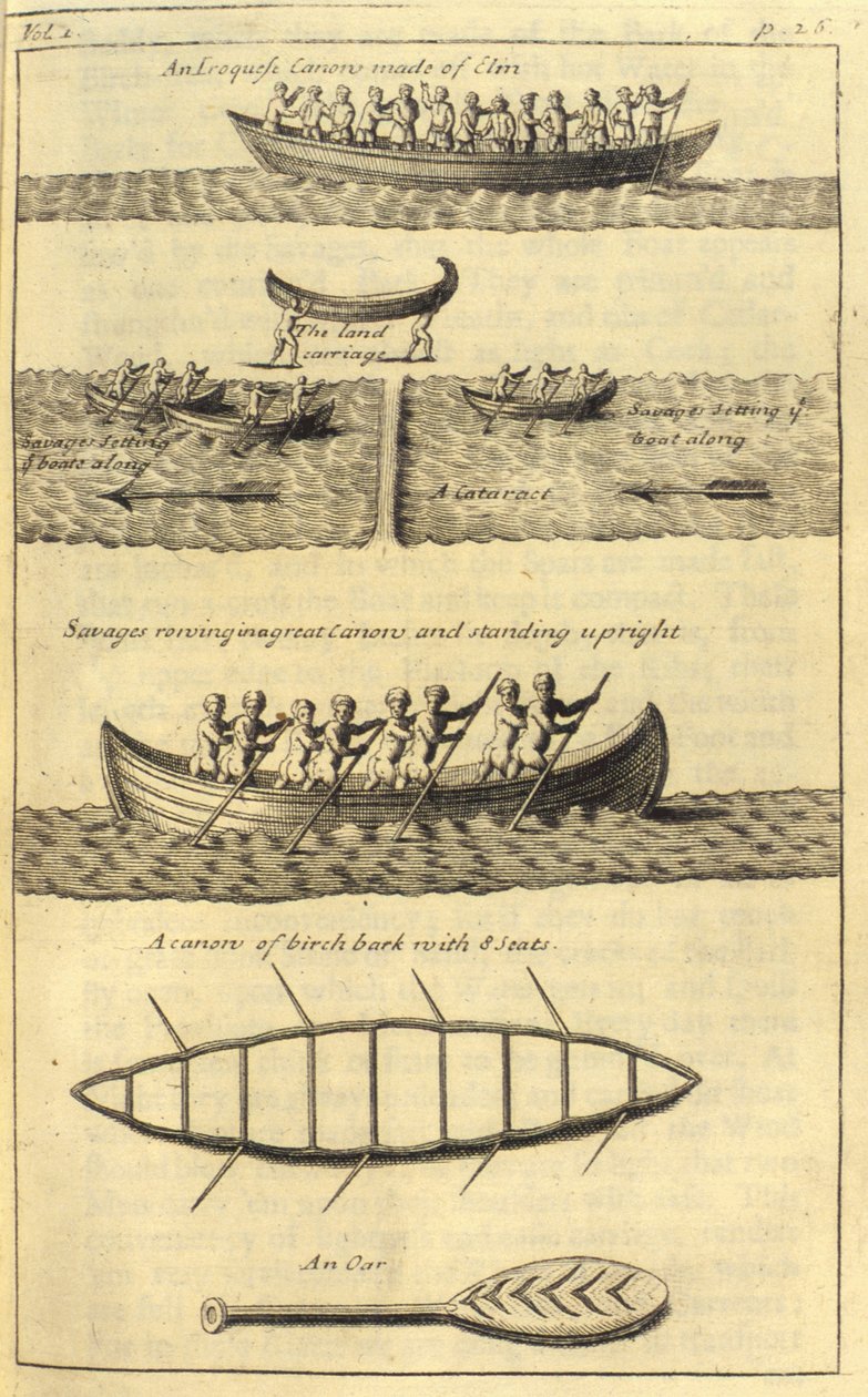En Iroquese Canow, 1703 af English School
