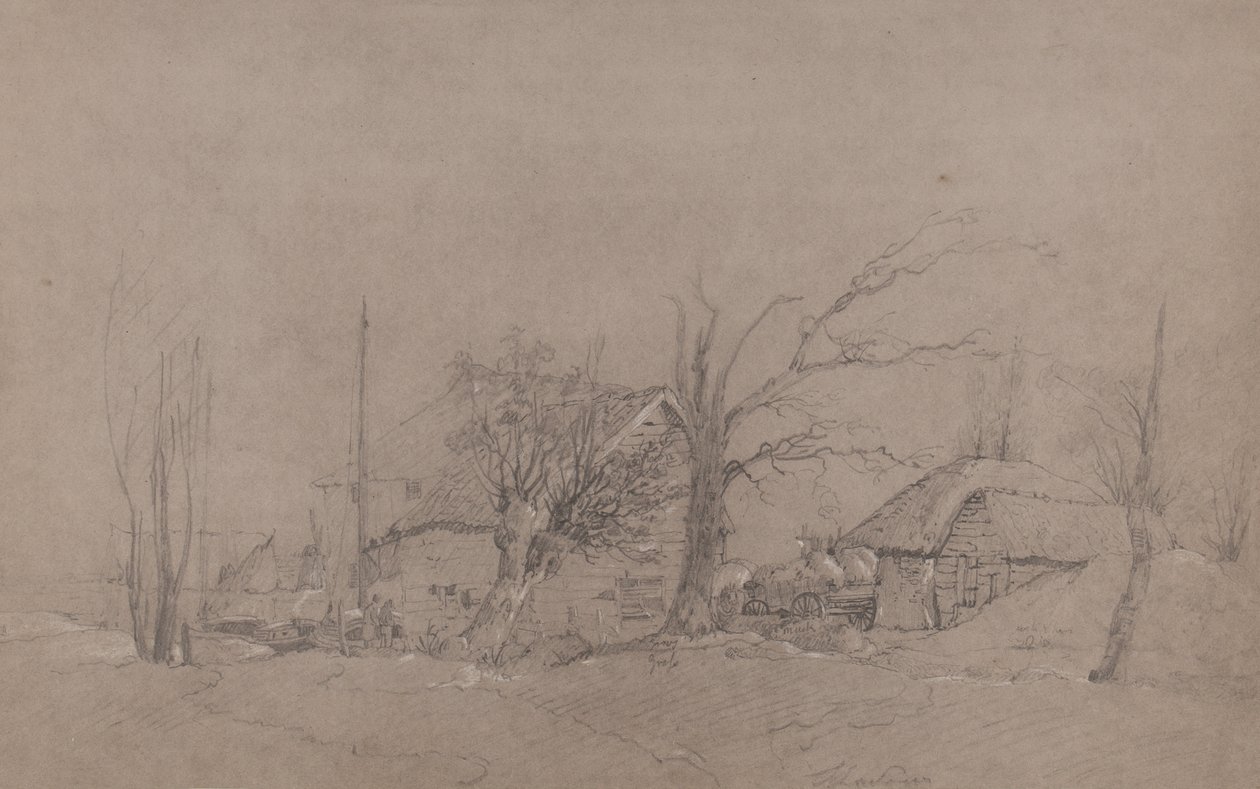 Gårdsbygninger ved en flodbred, ca. 1840 af English School