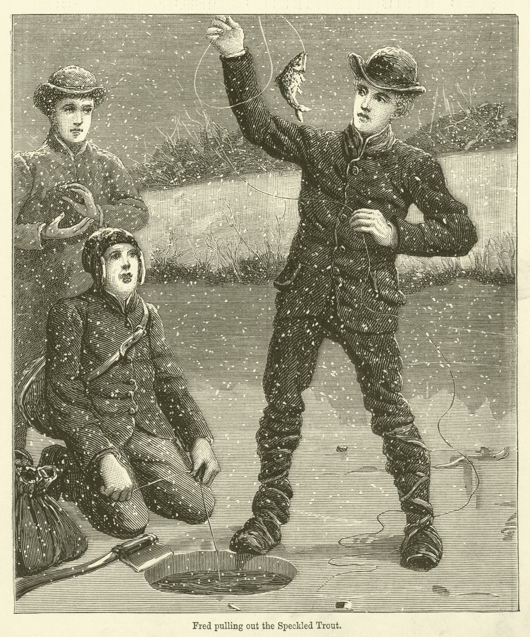 Fred trækker den plettede ørred ud (gravering) af English School