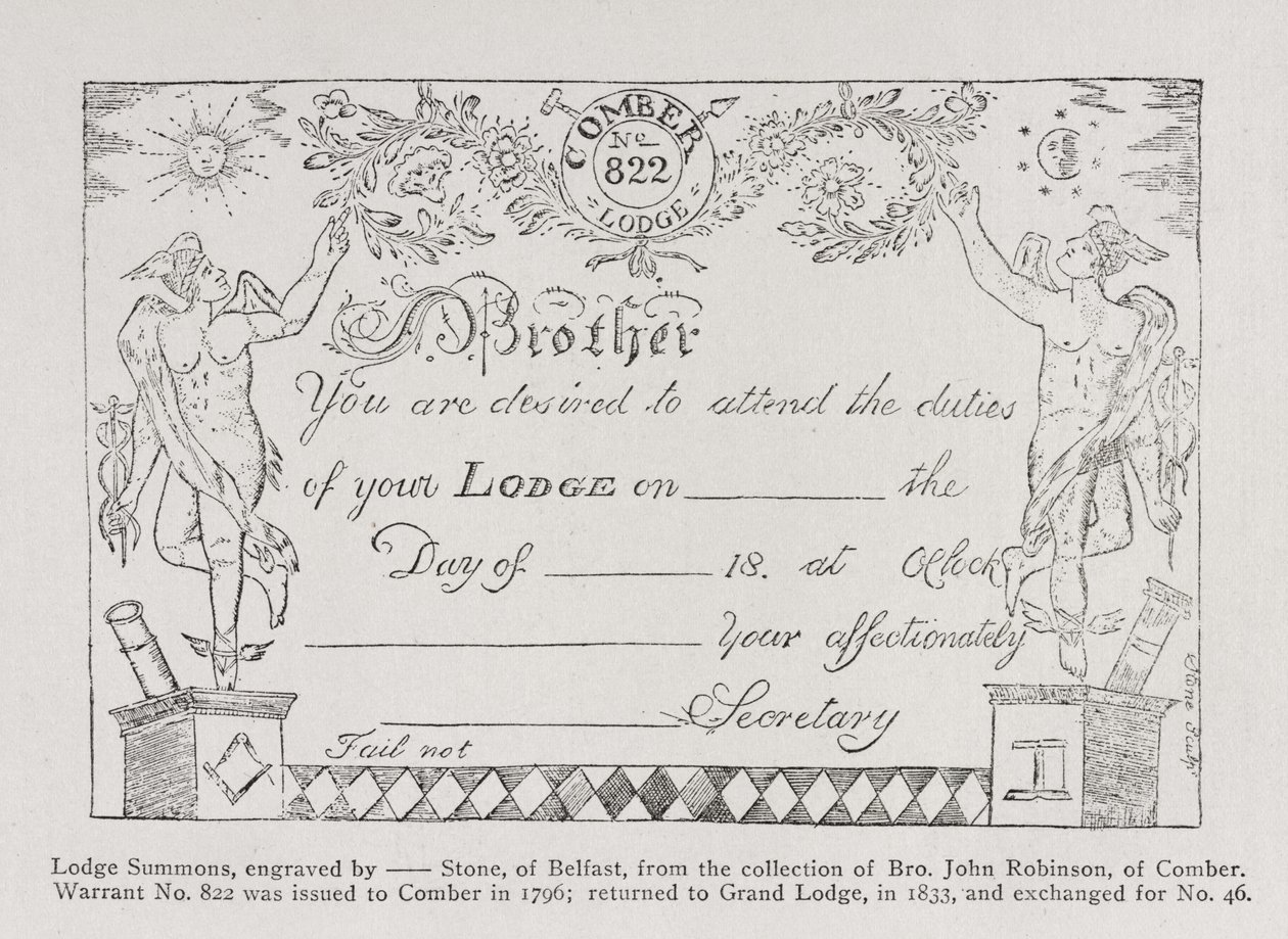 Frimurerlogeindkaldelse, dateret 1796 af English School