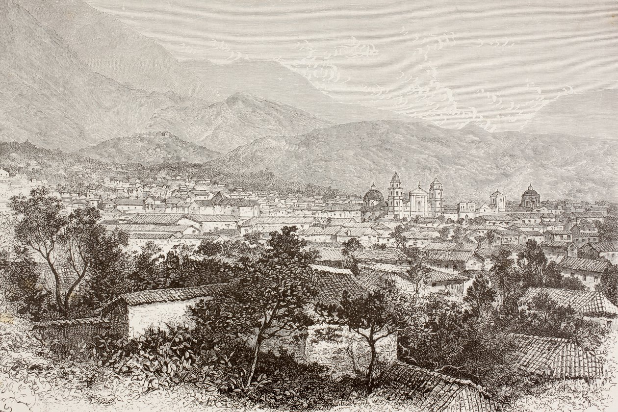 Overordnet udsigt over Bogota, Colombia (litho) af English School
