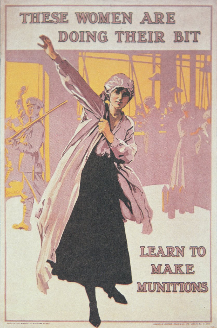 Plakat, der forestiller kvinder, der laver ammunition (farve litho) af English School