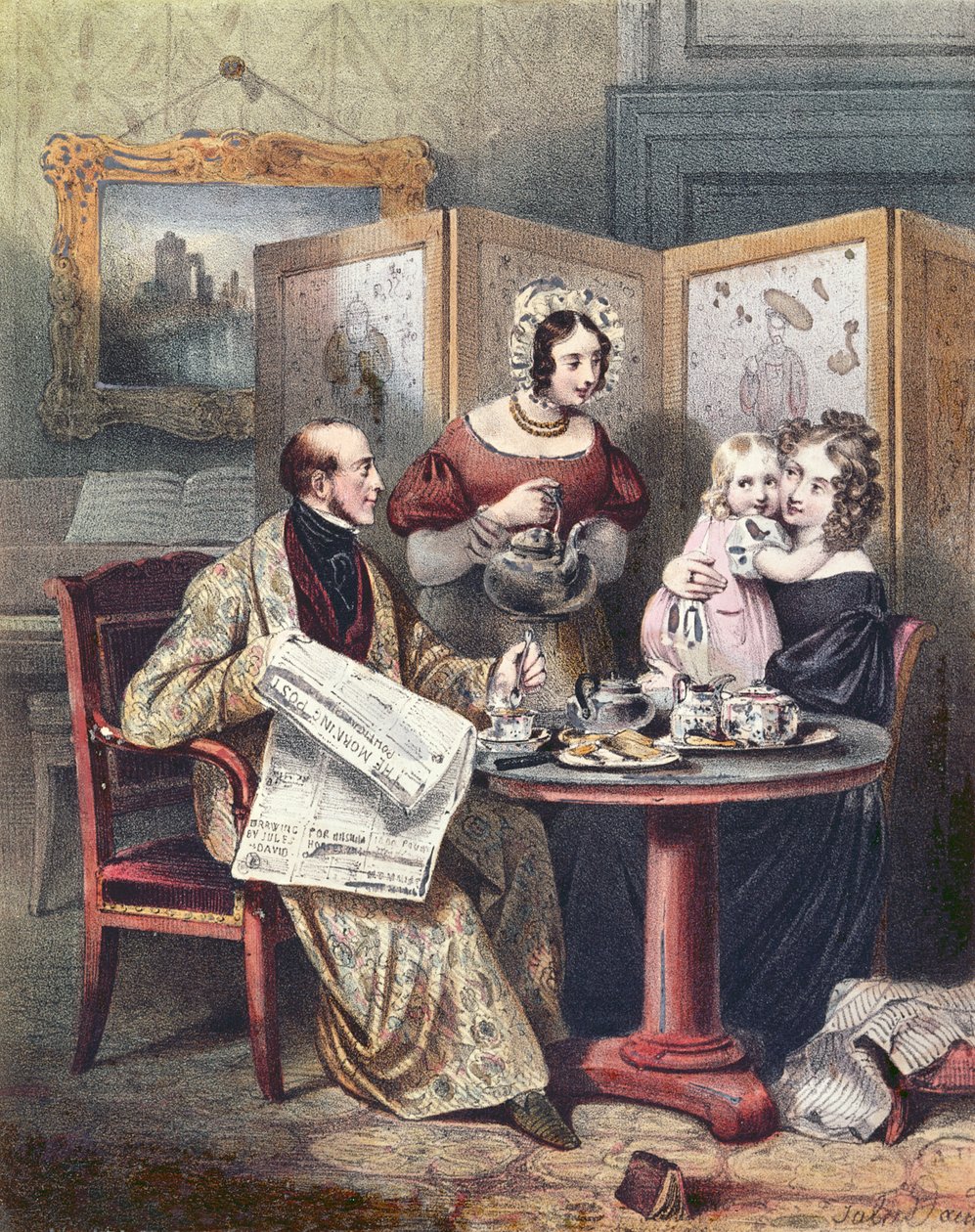 Victoriansk familie til morgenmad, ca. 1840 af English School