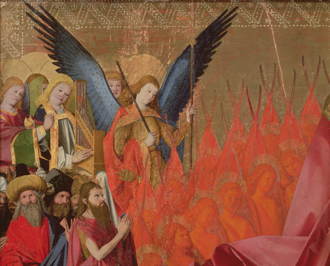 Engle og valgte embedsmænd, detalje af Jomfruens kroning, 1453-54 olie på panel af Enguerrand Quarton