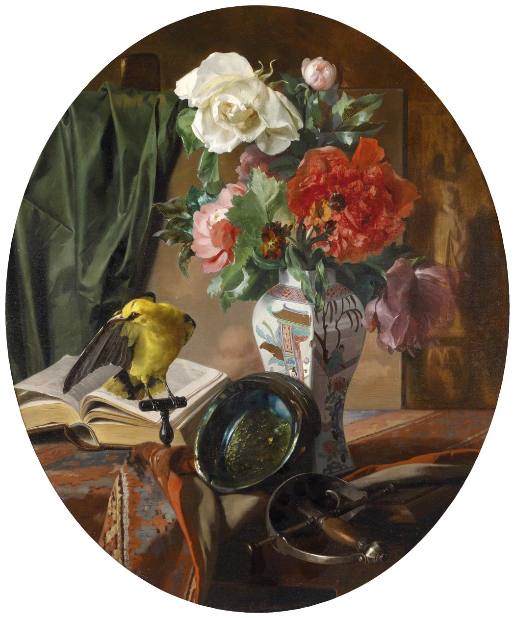 Stilleben med blomster i en kinesisk vase, fugl og ornamenter af Ennemond Collignon