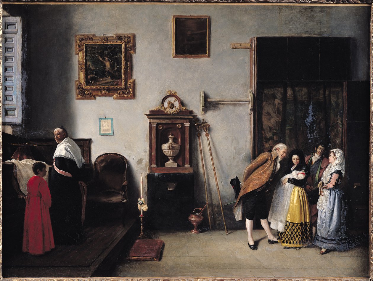 En messe i Spanien for at fejre en babys fødsel, 1872 af Enrique Melida