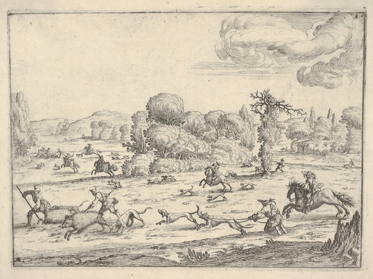 Ornejagt i landskab, ca. 1620-38. af Ercole Bazicaluva