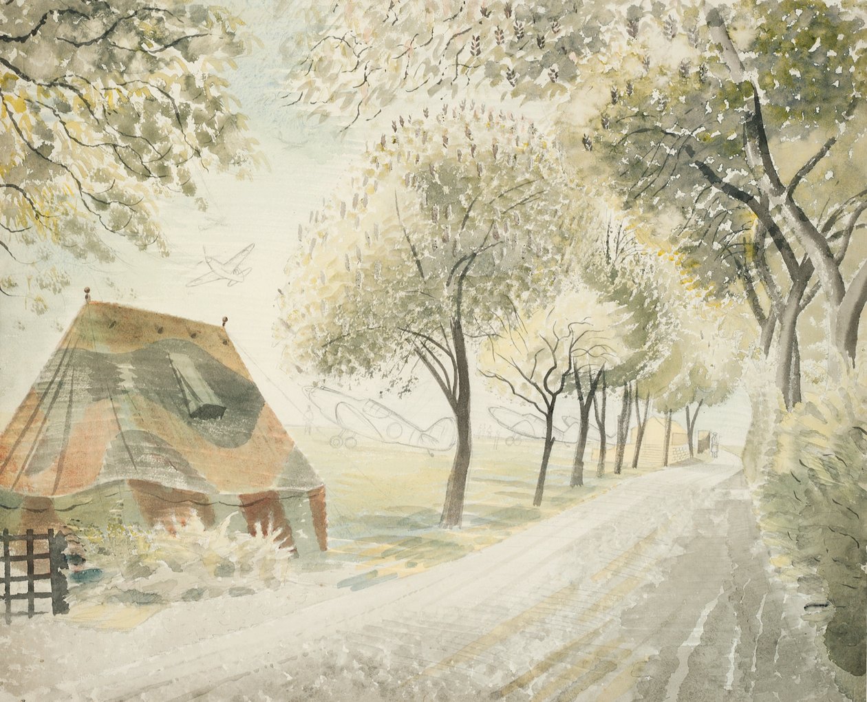Vej ved en flyveplads, ca. 1942 af Eric Ravilious