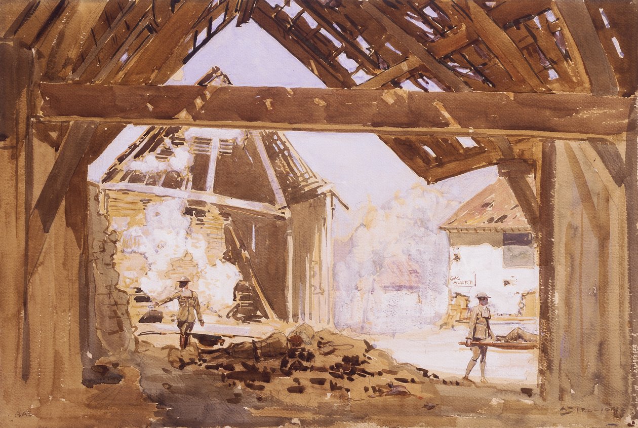 Gasalarm, 1919 (wc und gouache med blyant på papir) af Arthur Streeton
