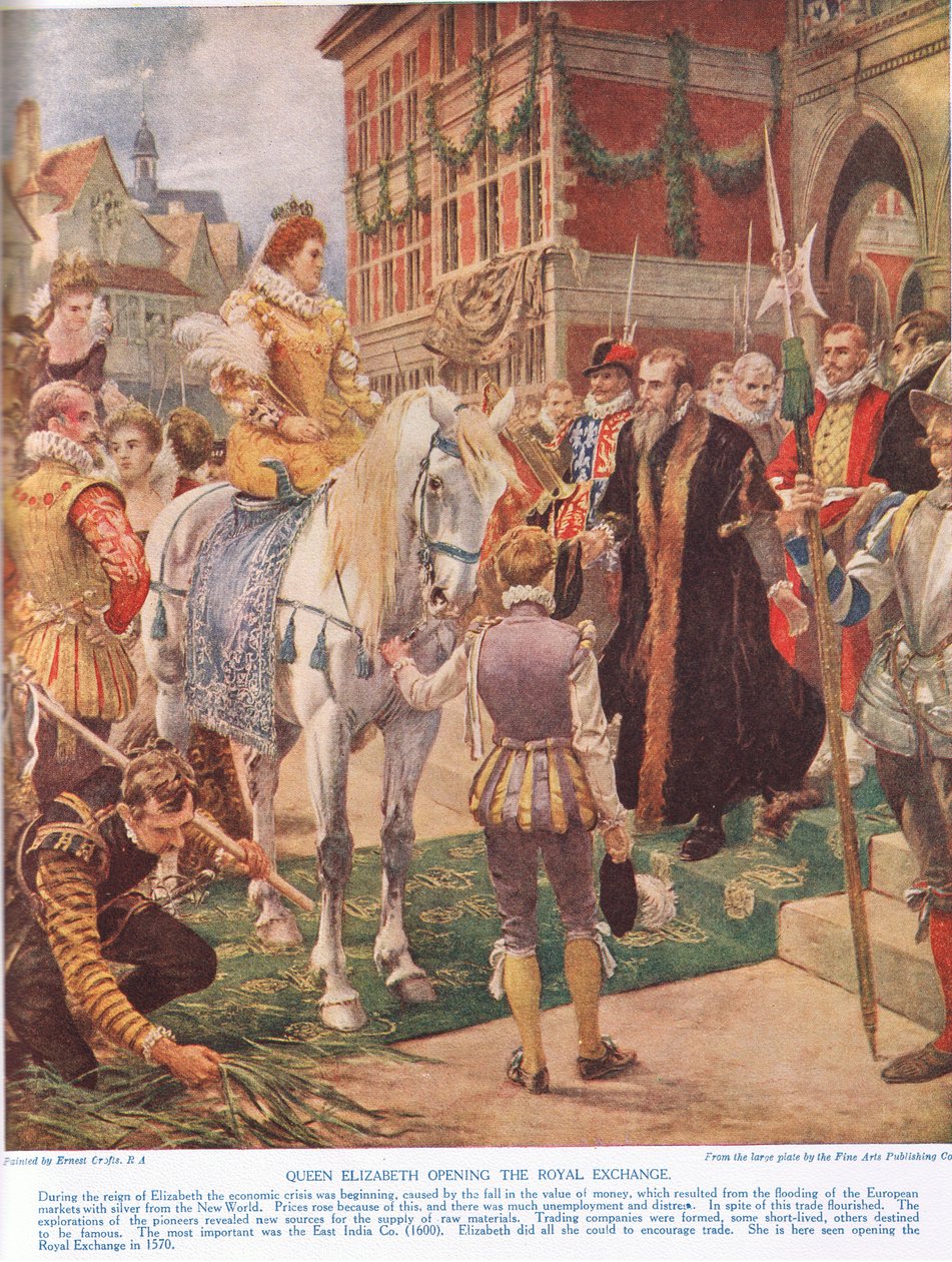 Dronning Elizabeth I åbnede Royal Exchange i 1570, illustration fra Hutchinsons 
