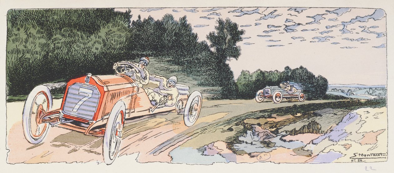 Arthur Duray i sin Lorraine-Dietrich, der konkurrerede i Ardennes-rallyet i 1906, ca. 1910 af Ernest Montaut