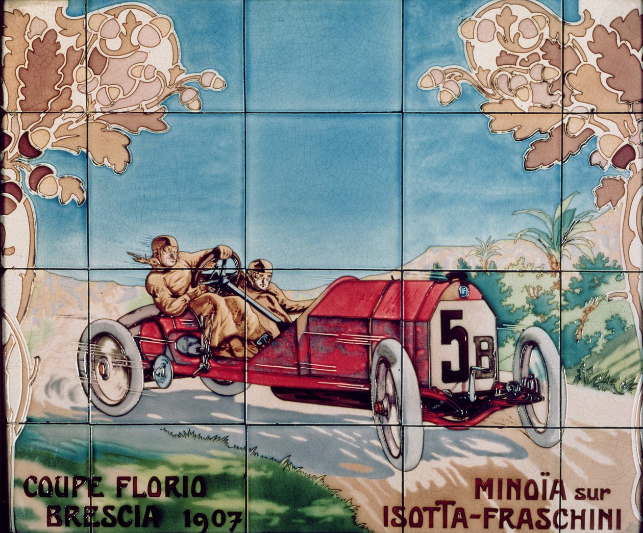 Minoia kører en Isotta Fraschini-bil i Florio Brescia Cup i 1907: keramiske fliser fremstillet af Gilardoni Fils et Cie i Paris, efter en tegning af Ernest Montaut (1877-1909), 1908-10 af Ernest Montaut