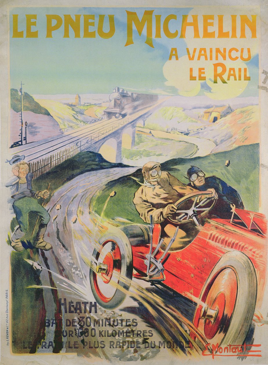 Plakat med reklame for "Michelin-dæk er hurtigere end jernbaner! af Ernest Montaut