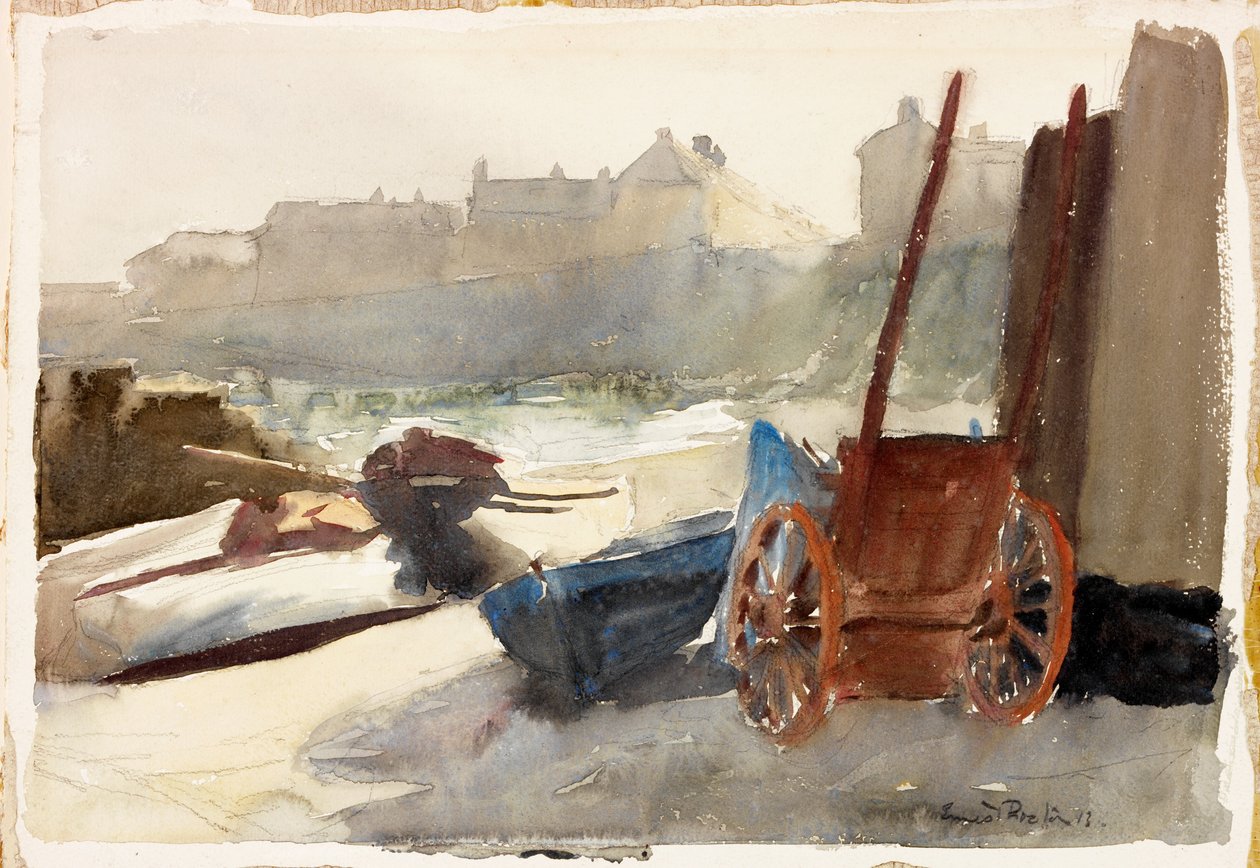 Old Newlyn (blyant og akvarel om bord) af Ernest Procter