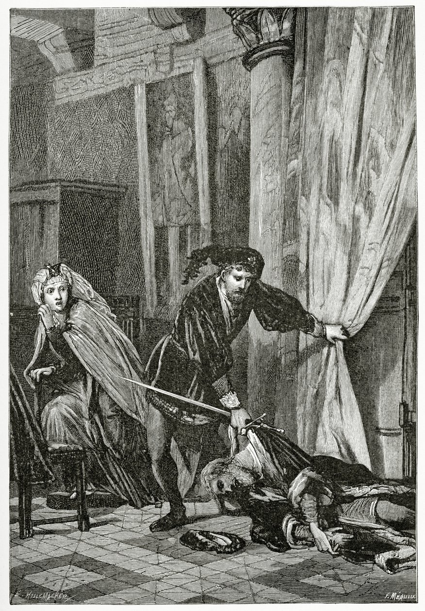 Scene fra Hamlet, 1800-tallet (bw-gravering) af Ernest Hillemacher