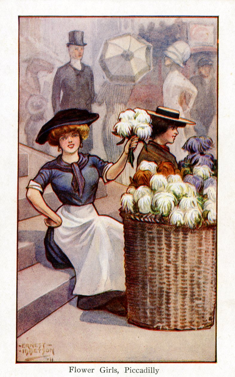Blomstersælgere på arbejde, Piccadilly, London af Ernest Ibbetson