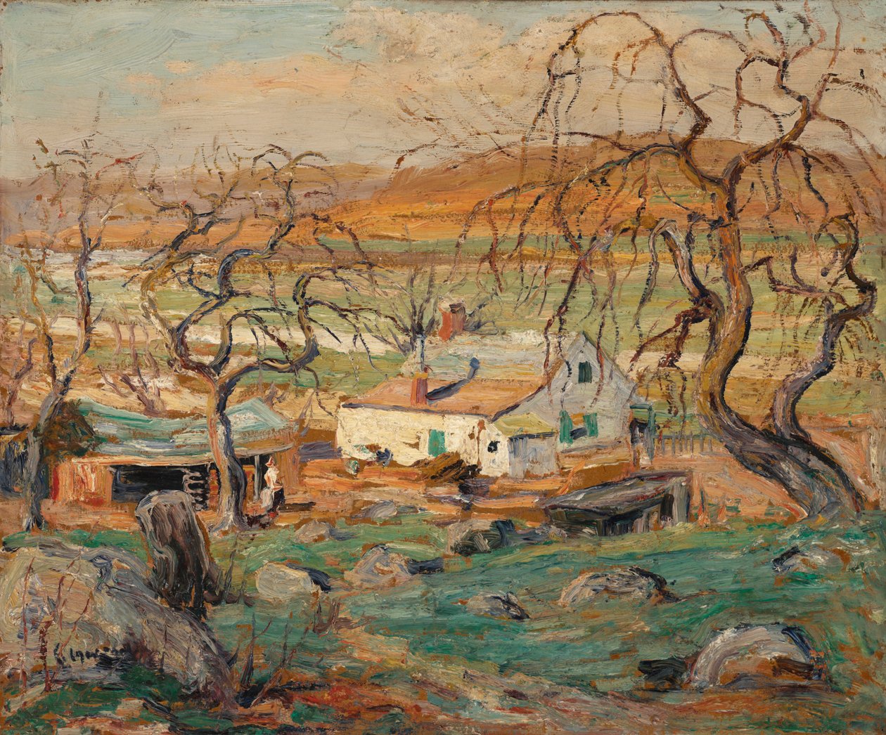 Landskab med knudrede træer (olie på pap) af Ernest Lawson