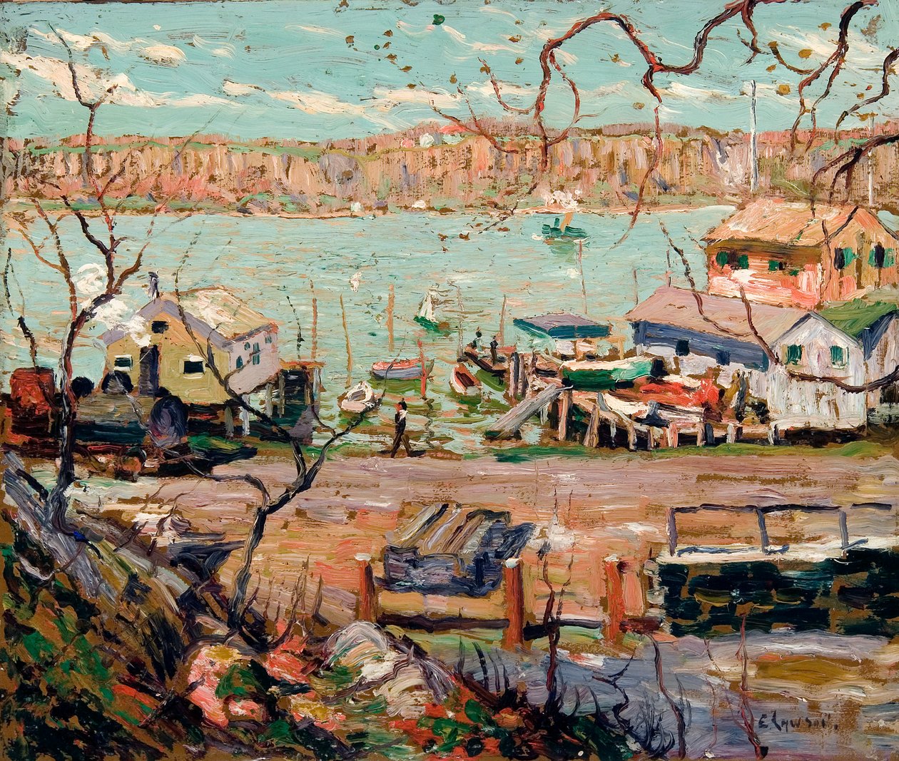 Flodscene – både og huse af Ernest Lawson