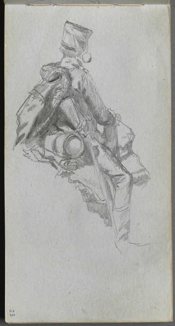 Skitsebog, side 23: Siddende soldat af Ernest Meissonier