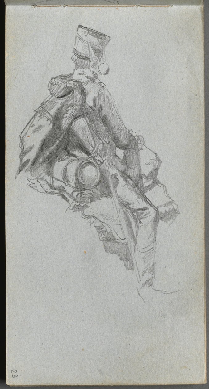 Skitsebog, side 23: Siddende soldat. af Jean Louis Ernest Meissonier