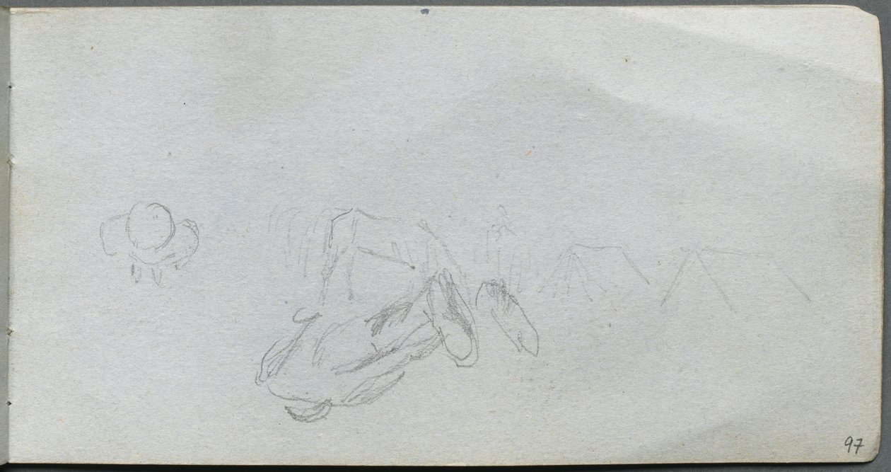 Skitsebog, side 97: Studie af figurer, bygninger af Ernest Meissonier