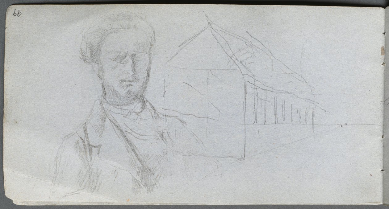 Skitsebog, side 99: Studie af figur, bygning. af Jean Louis Ernest Meissonier