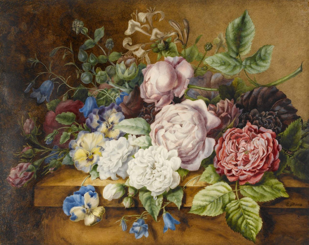Blomster på en afsats, 1814 (wc og kropsfarve på papir) af Ernestine Panckoucke