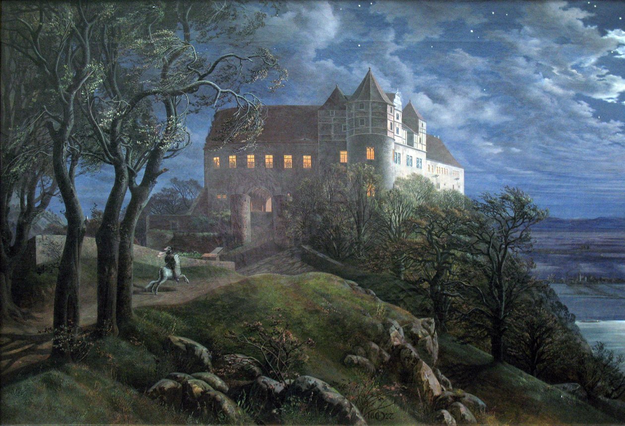 Burg Scharfenberg om natten af Ernst Ferdinand Oehme