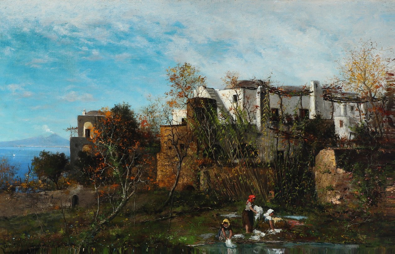 Vaskerier foran landsbyen af Ernst Hanfstaengl