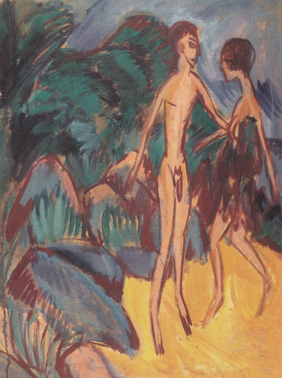 Ung nøgen mand og pige på stranden af Ernst Ludwig Kirchner