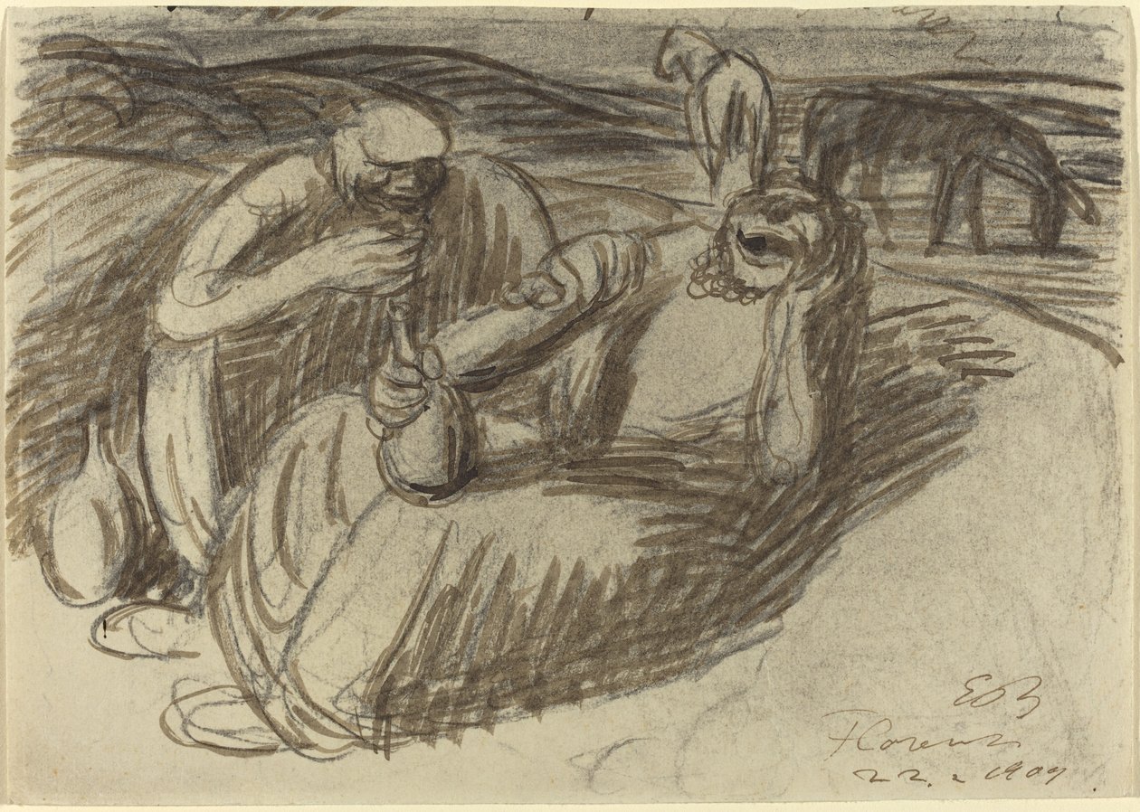 Italienske bønder med vinflasker, 1909. af Ernst Barlach