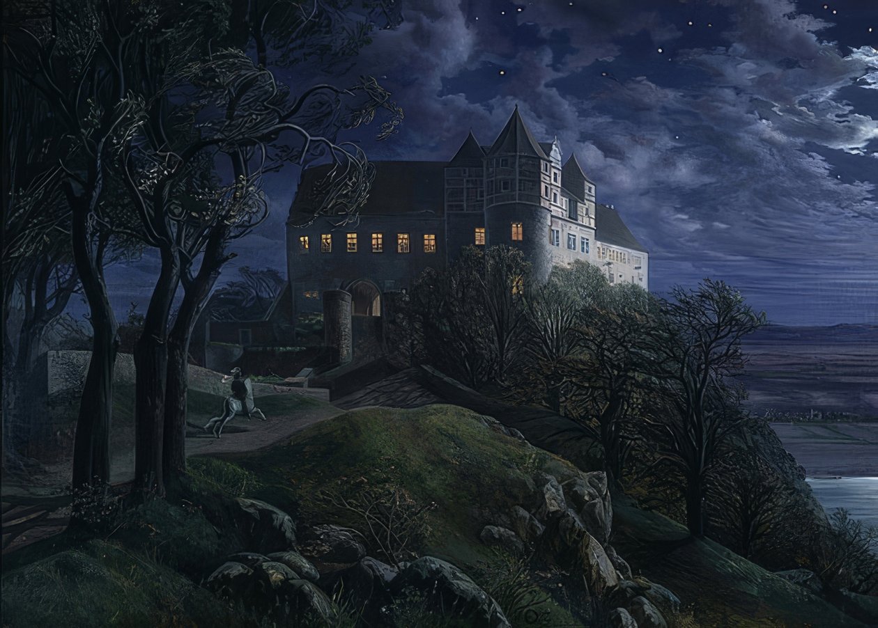 Scharfenberg Slot om natten. 1827 af Ernst Ferdinand Oehme