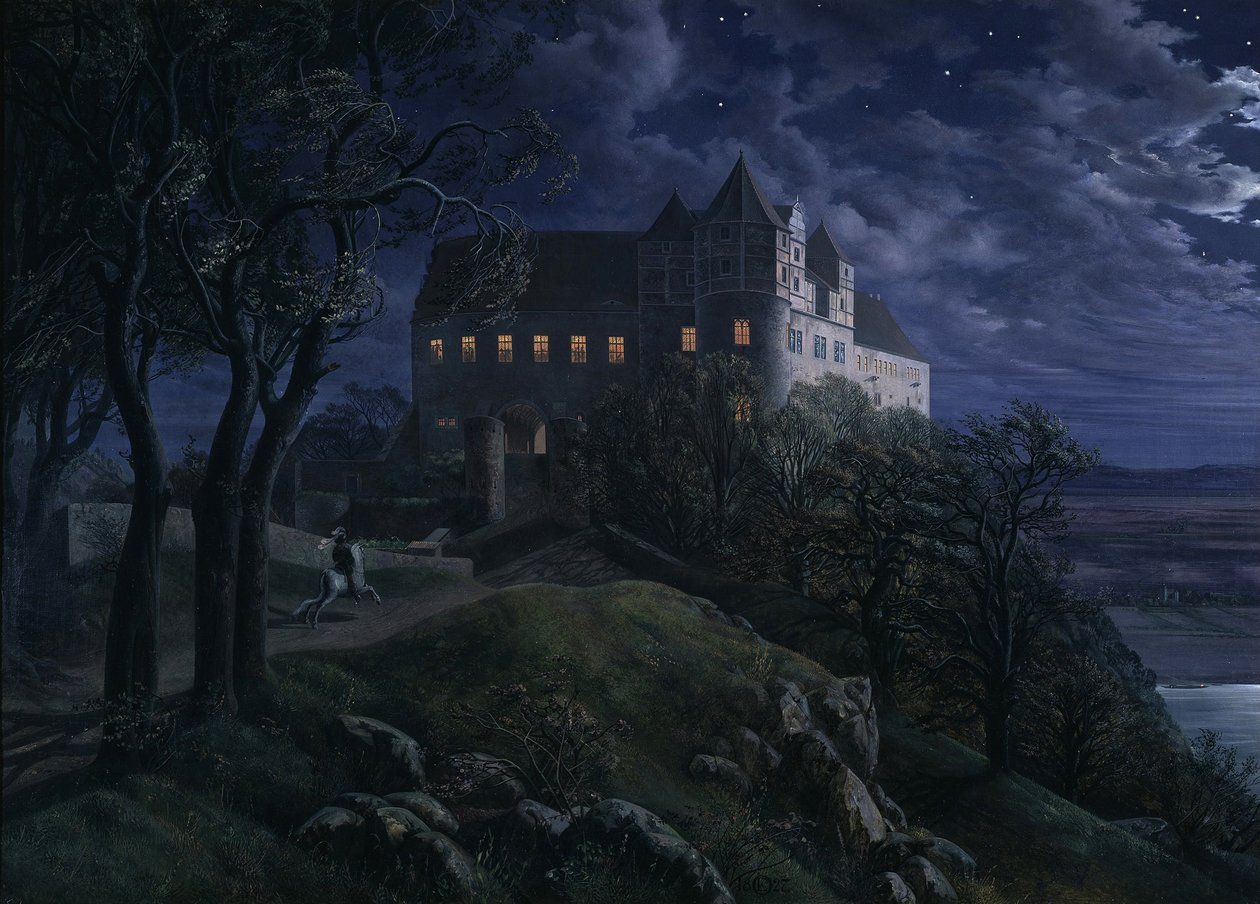 Slot Scharfenberg om natten, 1827 af Ernst Ferdinand Oehme