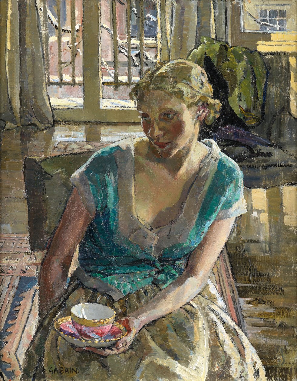 Te om vinteren (olie på lærred) af Ethel Gabain