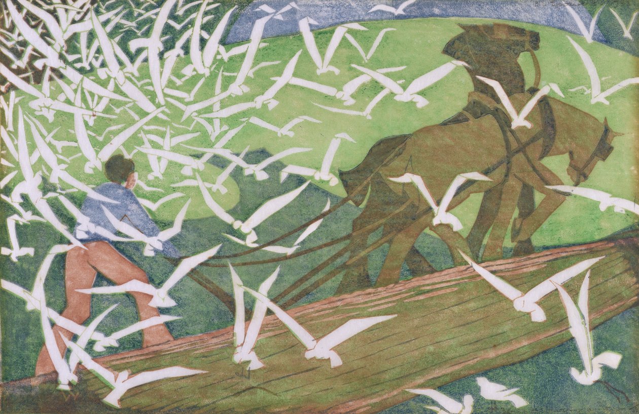 Fugle, der følger en plov af Ethel Spowers