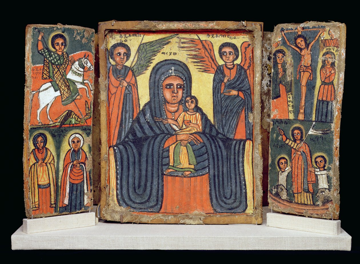 Dobbelt triptykon, Amhara-kultur (gesso og pigment på linned) (se også 212139) af Ethiopian School