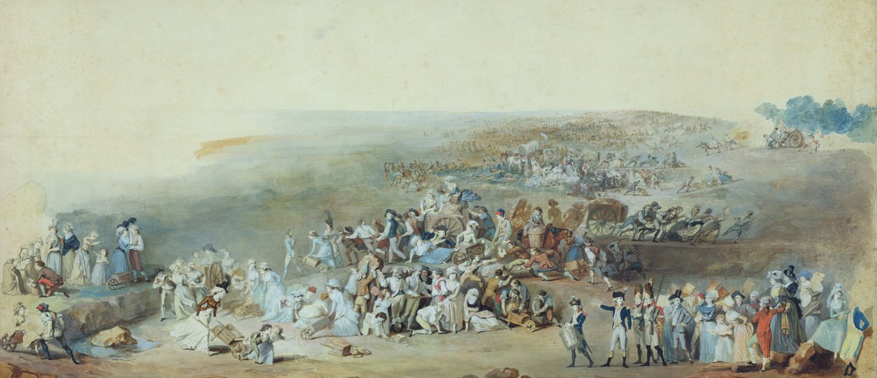Parisere på Champ de Mars forbereder sig til Fete de la Federation, 14. juli 1790 (pen og blæk og gouache på papir) af Etienne Charles Leguay