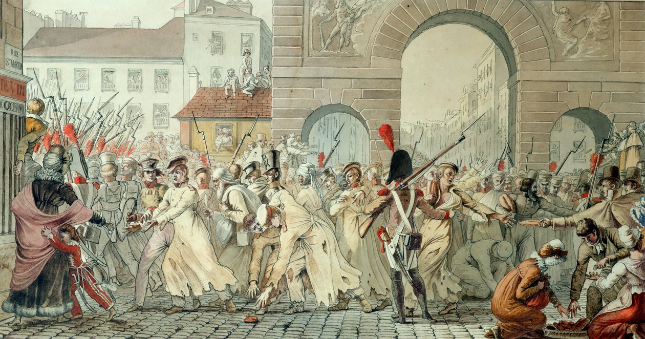 Russiske fanger paraderede på Boulevard Saint-Martin efter slaget ved Montmirail, 17. februar 1814 (pen og blæk og wc på papir) af Etienne Jean Delecluze