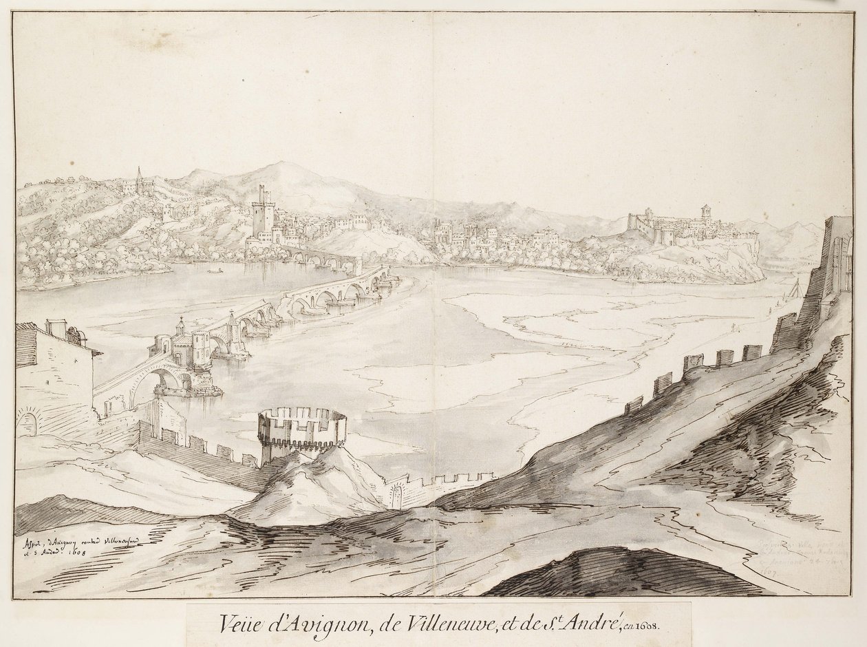 Udsigt over broen ved Avignon mod Villeneuve (grafit med pen og mørkebrunt blæk med grå vask på hvidt papir) af Etienne Martellange